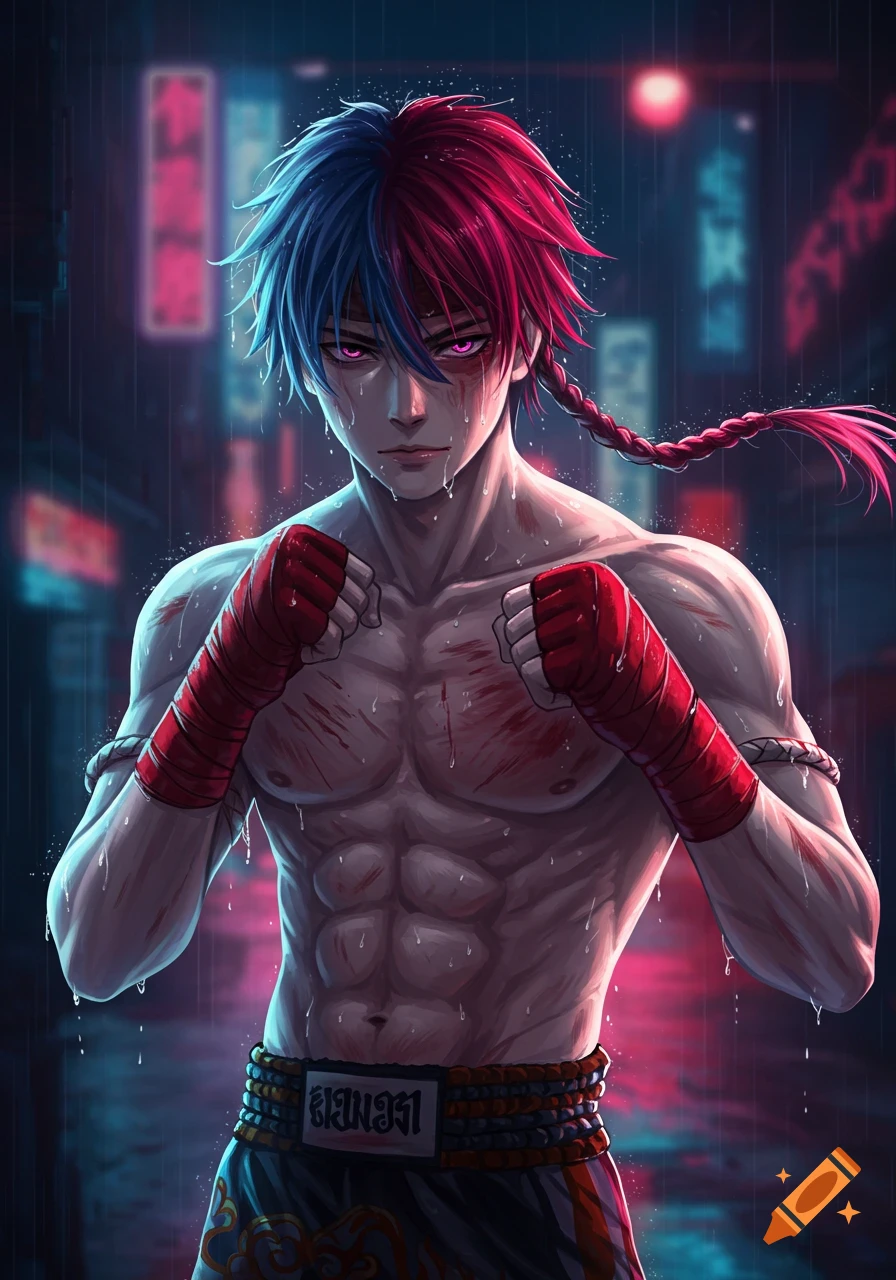A stylized anime male fighter with blue and red hair, red hand wraps, and injuries stands shirtless in the rain in a dark alley.
