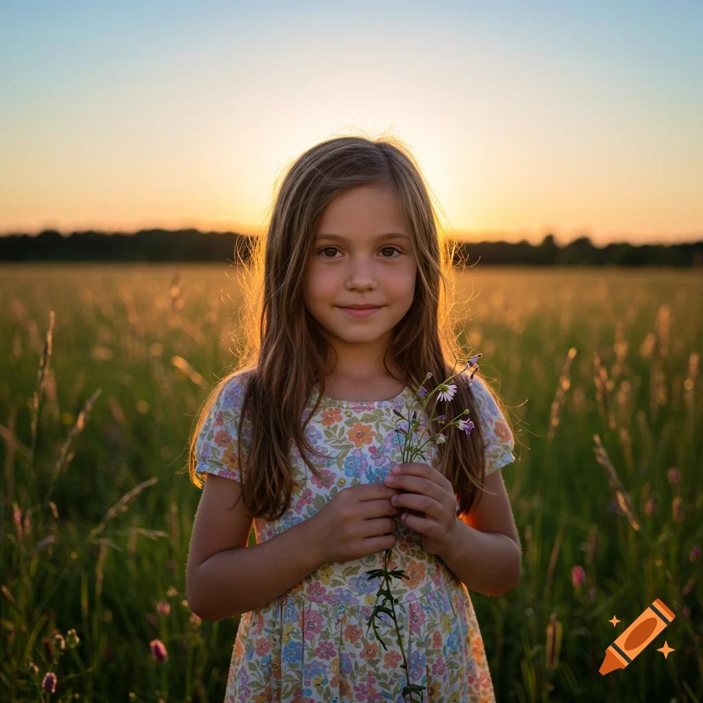 A young girl with long brown hair smiles, holding wildflowers in a sunlit field at sunset.