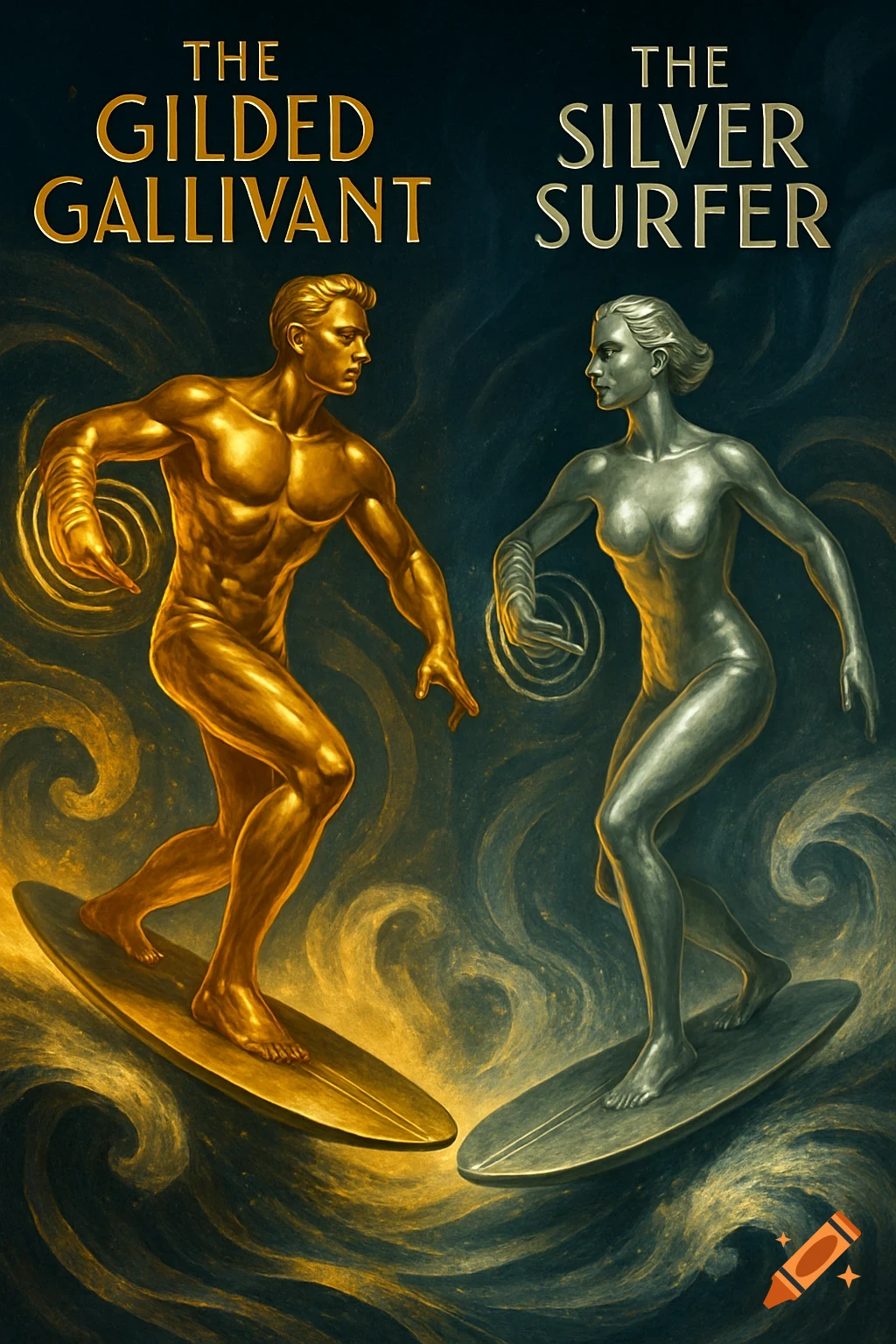 An art deco style image featuring a golden metallic man on a golden surfboard and a silver metallic woman on a silver surfboard, against a swirling dark background. Titles above them read 'THE GILDED GALLIVANT' and 'THE SILVER SURFER'.