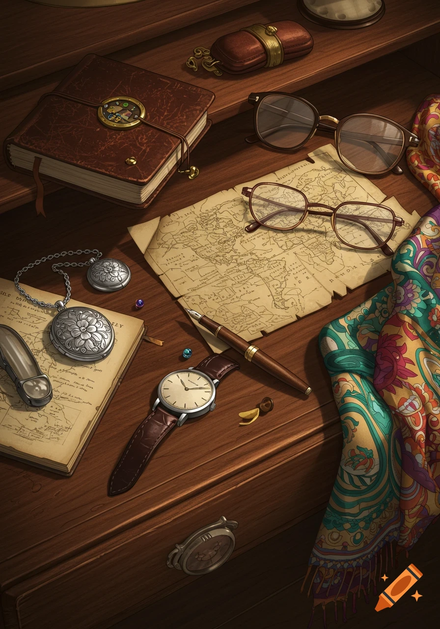 A collection of vintage travel accessories, including a journal, map, glasses, watch, locket, and scarf, on a wooden desk.