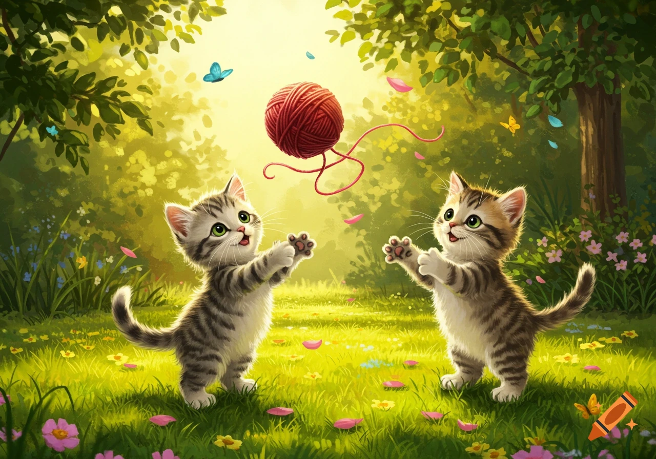 Two cute cartoon kittens play in a sunny green meadow, reaching for a red ball of yarn, surrounded by trees, flowers, and butterflies.