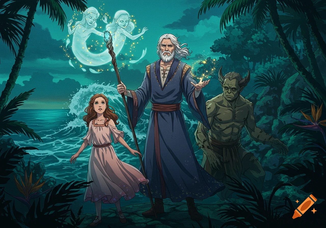 Anime illustration of a young girl, an old wizard, a green creature, and two glowing spirits on a tropical shore at night.