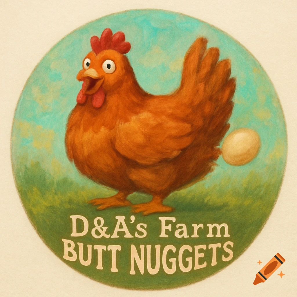 A cartoon chicken with an egg behind it, standing on a green hill under a blue sky, with text that reads "D&A's Farm BUTT NUGGETS".