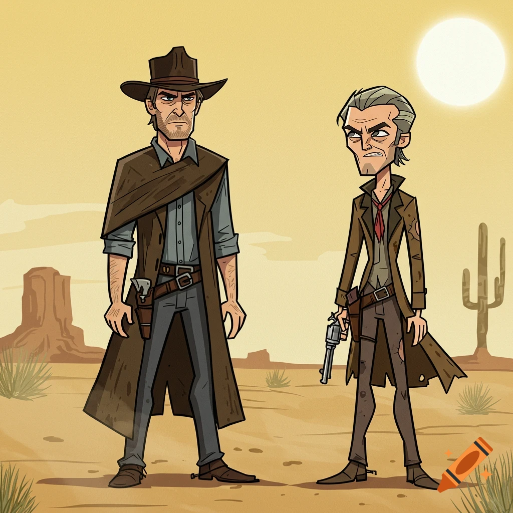 Two stylized cartoon Western men, one with a hat and duster, and the other holding a revolver, stand in a desert landscape.