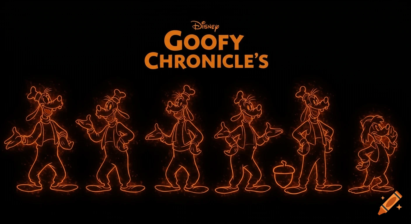 Six orange glowing outlines of Goofy characters and an acorn on a black background with a 'Goofy Chronicle's' title.