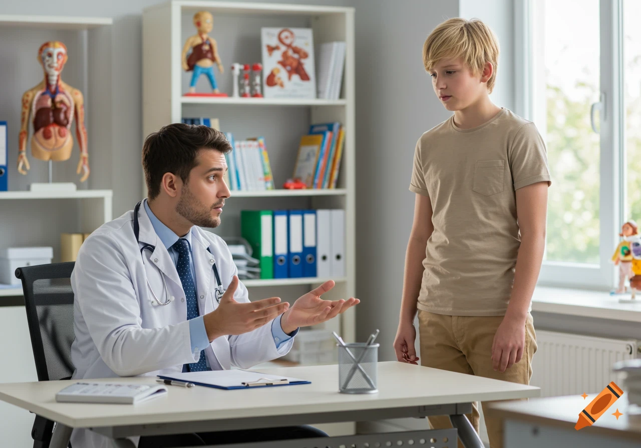 A male doctor in a white coat talks to a blond boy standing in a doctor's office, with anatomical models on shelves.