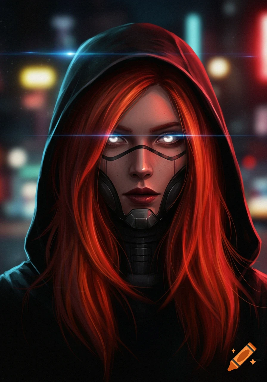 A digitally painted portrait of a redhead woman wearing a black hoodie and a futuristic black mask, with glowing white eyes and a neon city background.