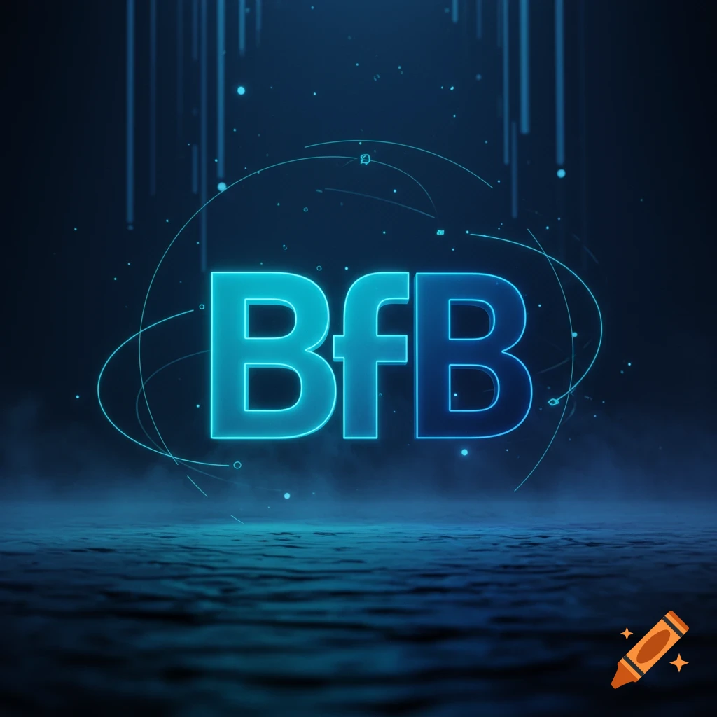 Glowing blue BfB logo in a dark, futuristic digital environment with light streaks and mist.