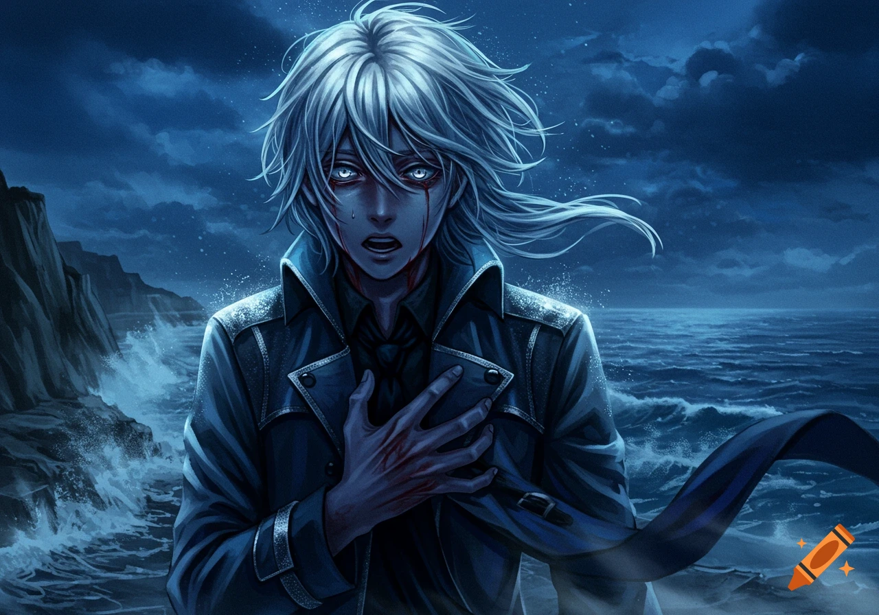 Anime-style character with white hair and glowing eyes, blood on face, clutching chest by a dark, stormy sea.