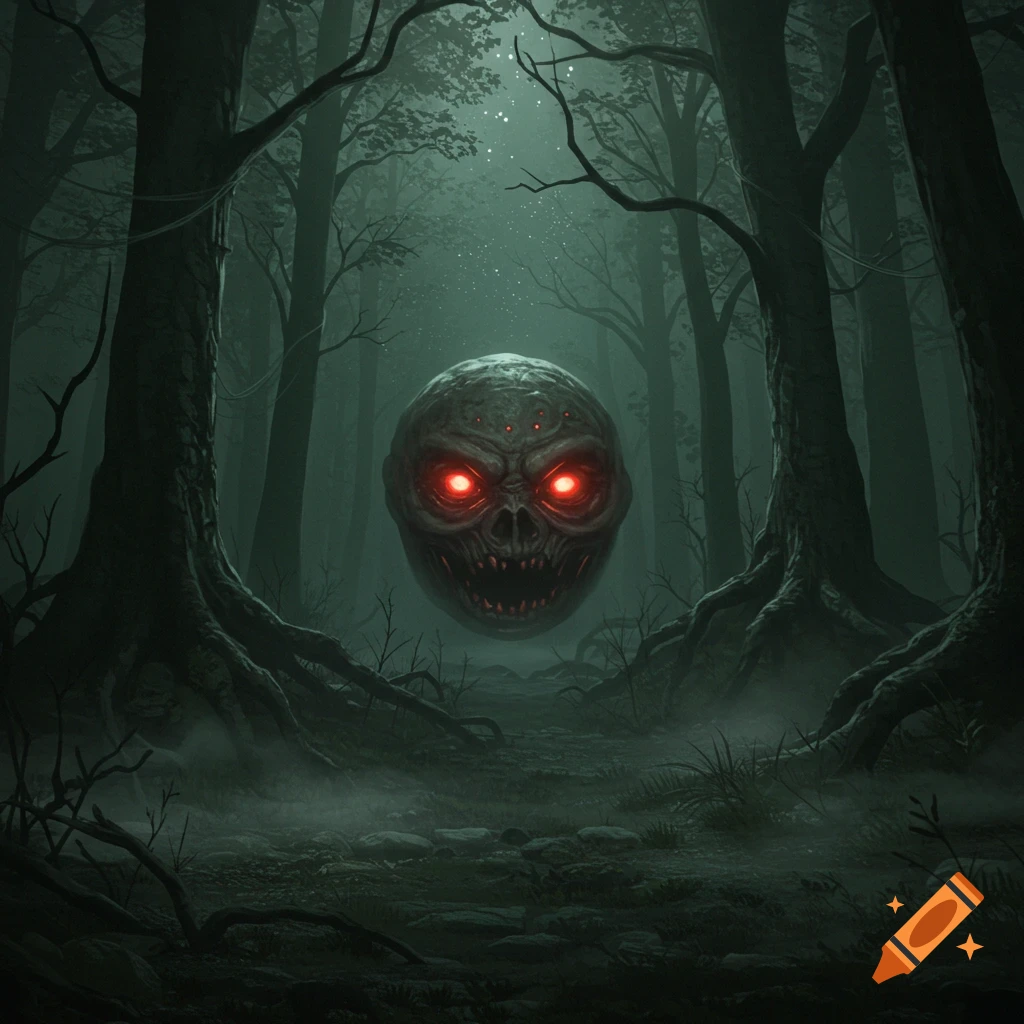 A monstrous, sphere-like creature with glowing red eyes and a fanged mouth floats in a dark, misty forest at night, in a dark fantasy style.