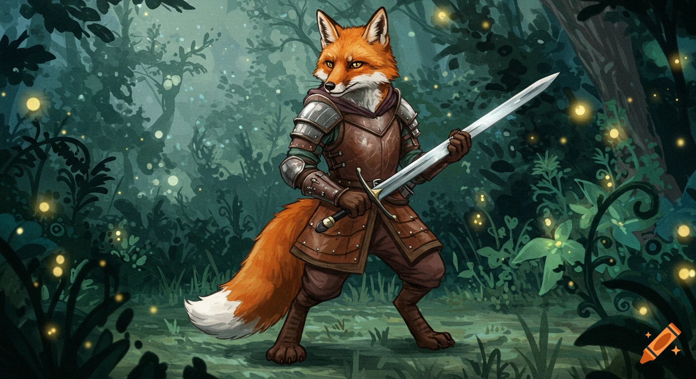 A brave fox warrior in intricate leather armor holds a gleaming sword in an enchanted, watercolor moonlight forest with luminous plants.