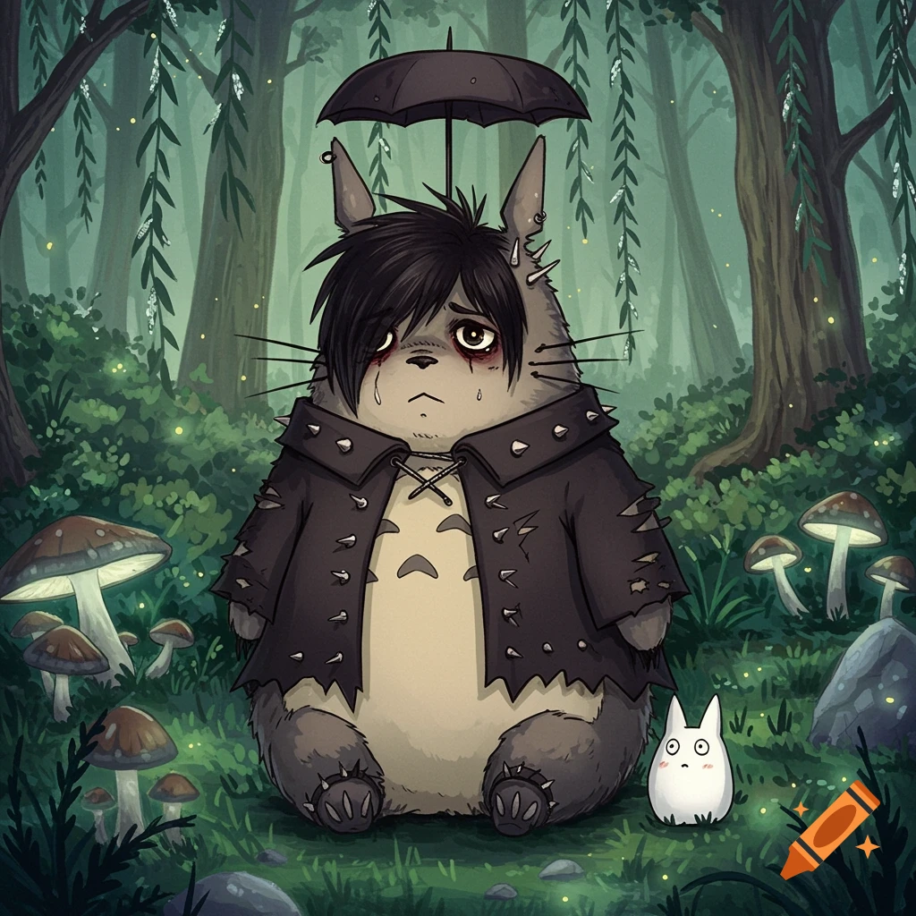 A sad, emo-styled Totoro with dark hair and a ripped jacket sits under a small umbrella in a dark, misty forest with mushrooms. A small white spirit is beside him.