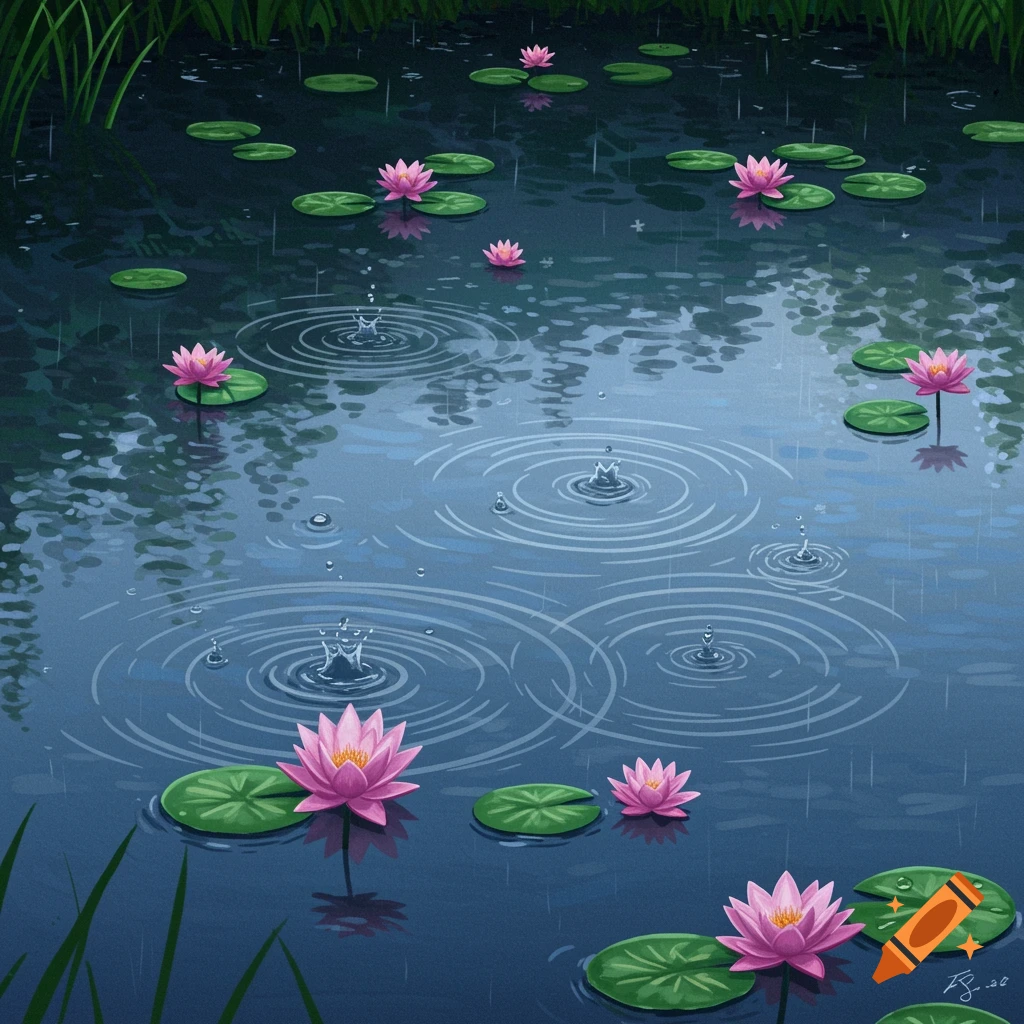 A painterly depiction of pink water lilies and green lily pads floating on a pond as raindrops create ripples on the dark blue water.