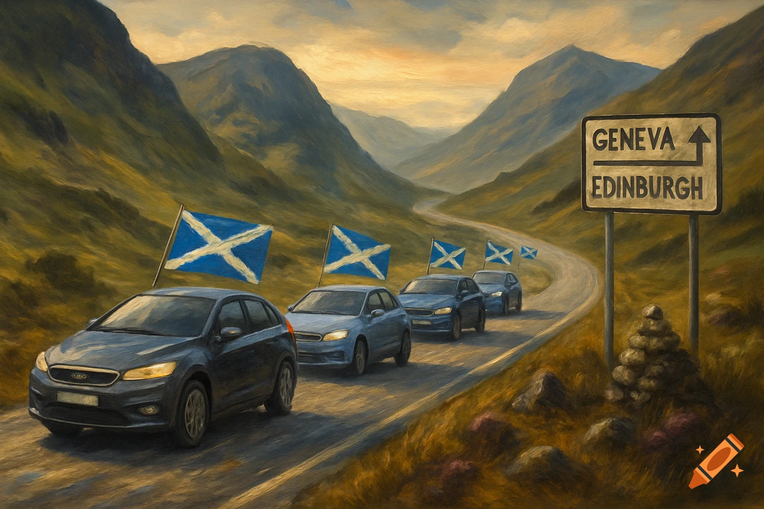 A convoy of blue cars with Scottish flags drives through a Scottish highland landscape with mountains and a sunset sky. A road sign points to Geneva.