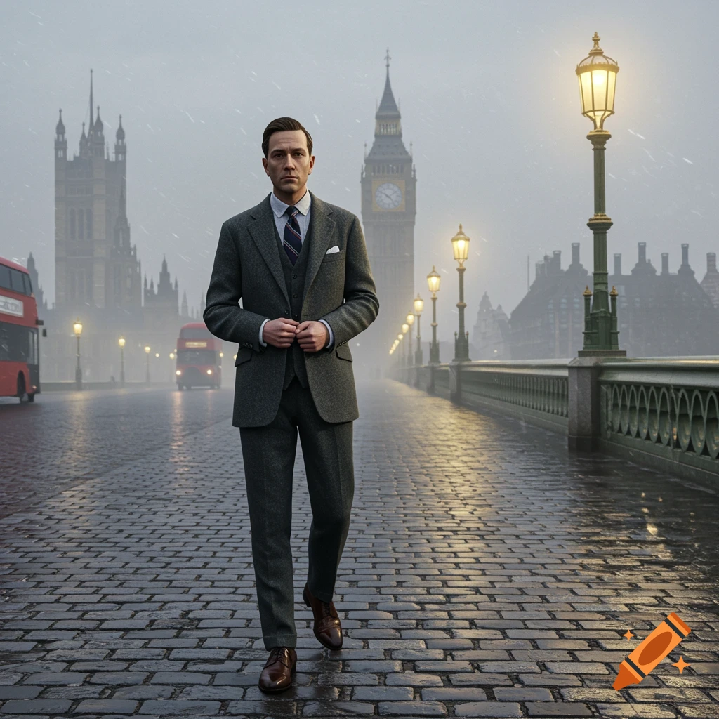A man in a gray tweed suit walks on a wet cobblestone street in misty London, with Big Ben and red buses in the background.