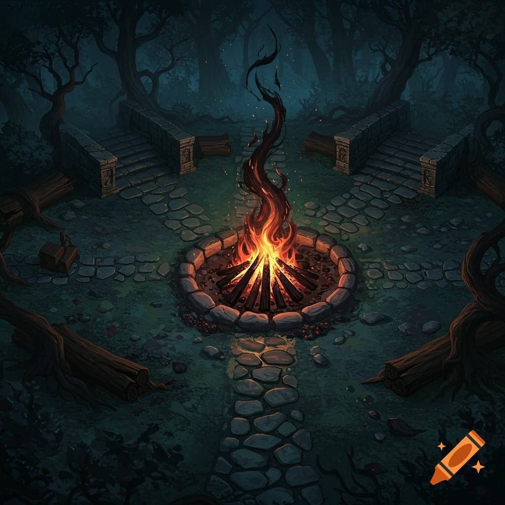 Fantasy battlemap of a glowing campfire with dark, swirling flames in a moonlit forest clearing with stone paths and ruins.