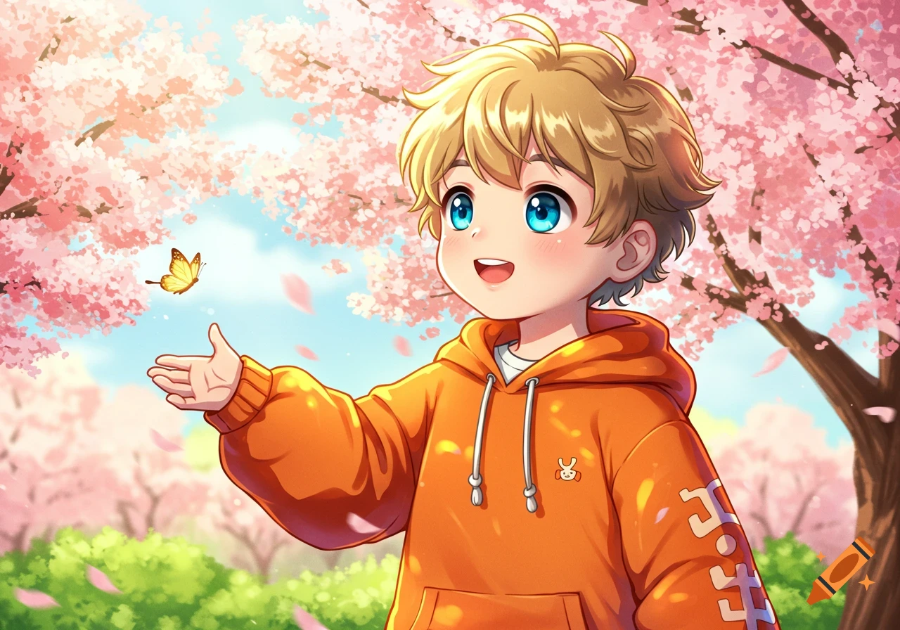 Cute anime boy with blond hair and blue eyes, wearing an orange hoodie, looking at a butterfly in a field of pink cherry blossoms.