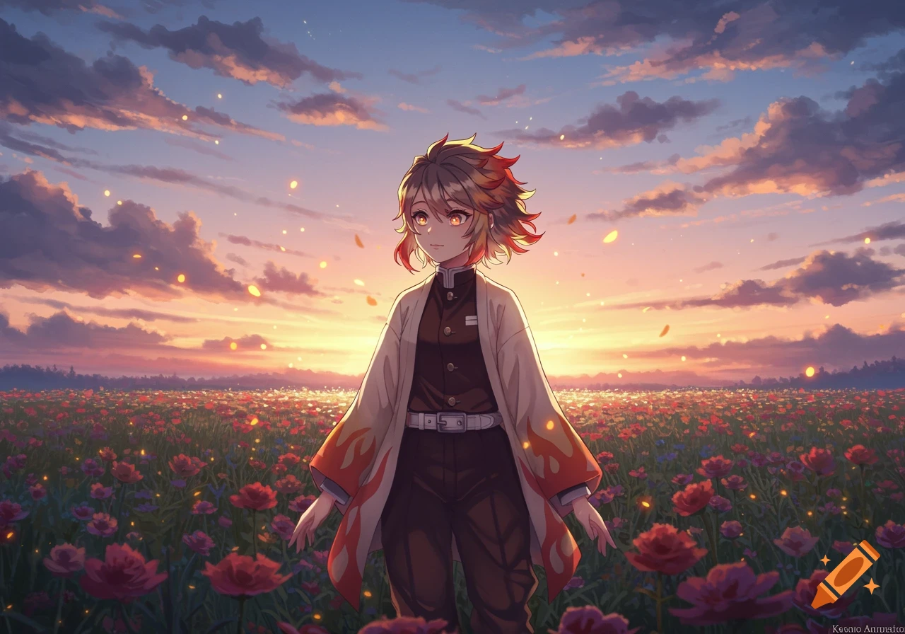 An anime-style fire mage with short, multi-colored hair stands gracefully in a vast field of vibrant flowers at twilight.