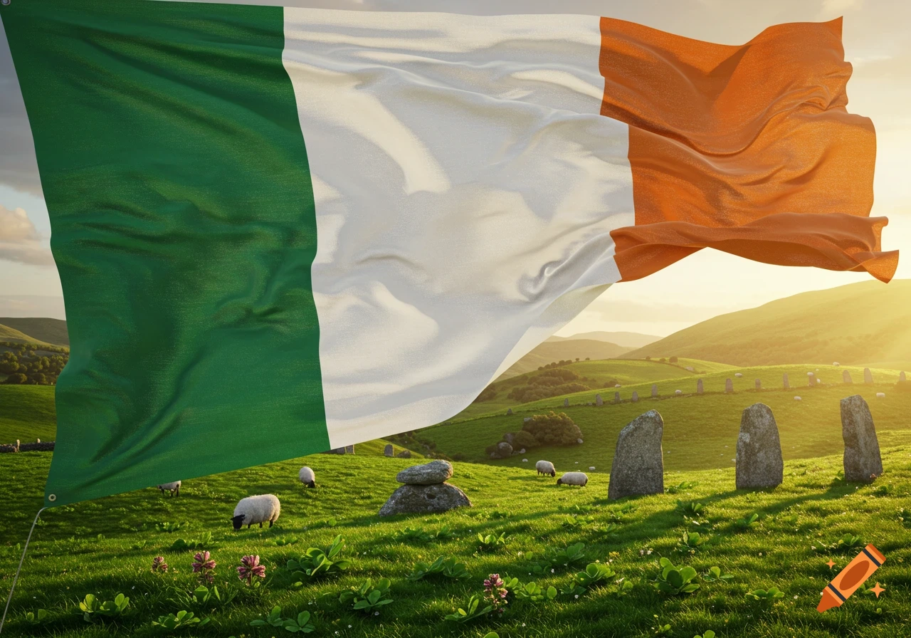 A large Irish flag waves over a green, hilly landscape with grazing sheep and ancient standing stones at sunset.