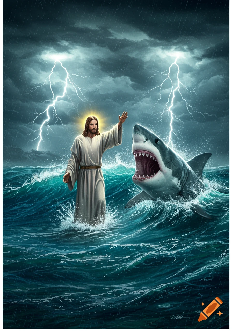 Jesus Christ stands in stormy ocean waves, raising his hand towards a breaching shark, with lightning in the dark sky.