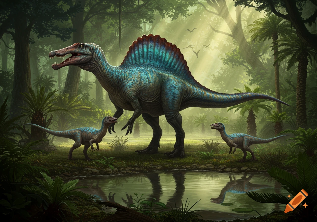 A large Spinosaurus and two smaller Spinosaurus stand by a pond in a lush prehistoric jungle.