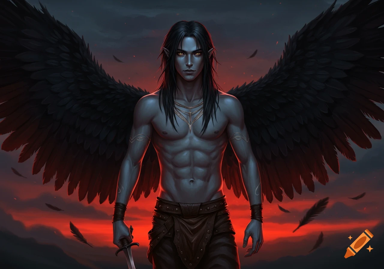 A blue-skinned, black-haired male with large black wings and golden eyes holds a sword, against a fiery red and dark sky.
