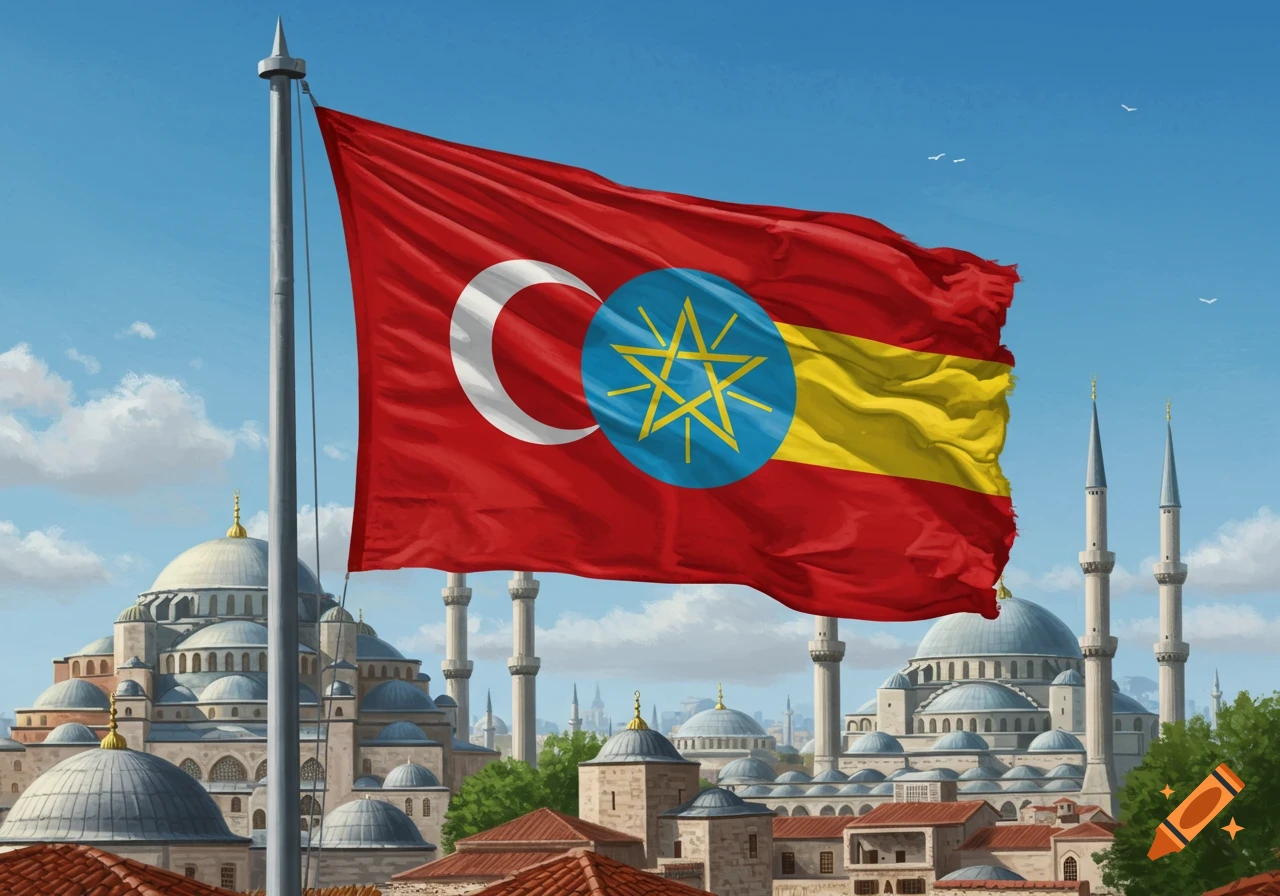 A large red flag combining Turkish and Ethiopian symbols flies over a city with many ornate mosques and buildings under a blue sky.