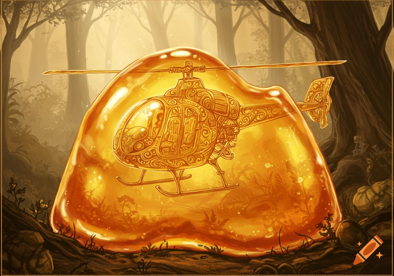 A stylized, ornate golden helicopter trapped inside a large amber blob in a golden forest.