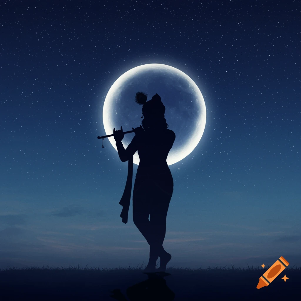 Silhouette of Krishna playing a flute against a bright full moon and starry night sky.