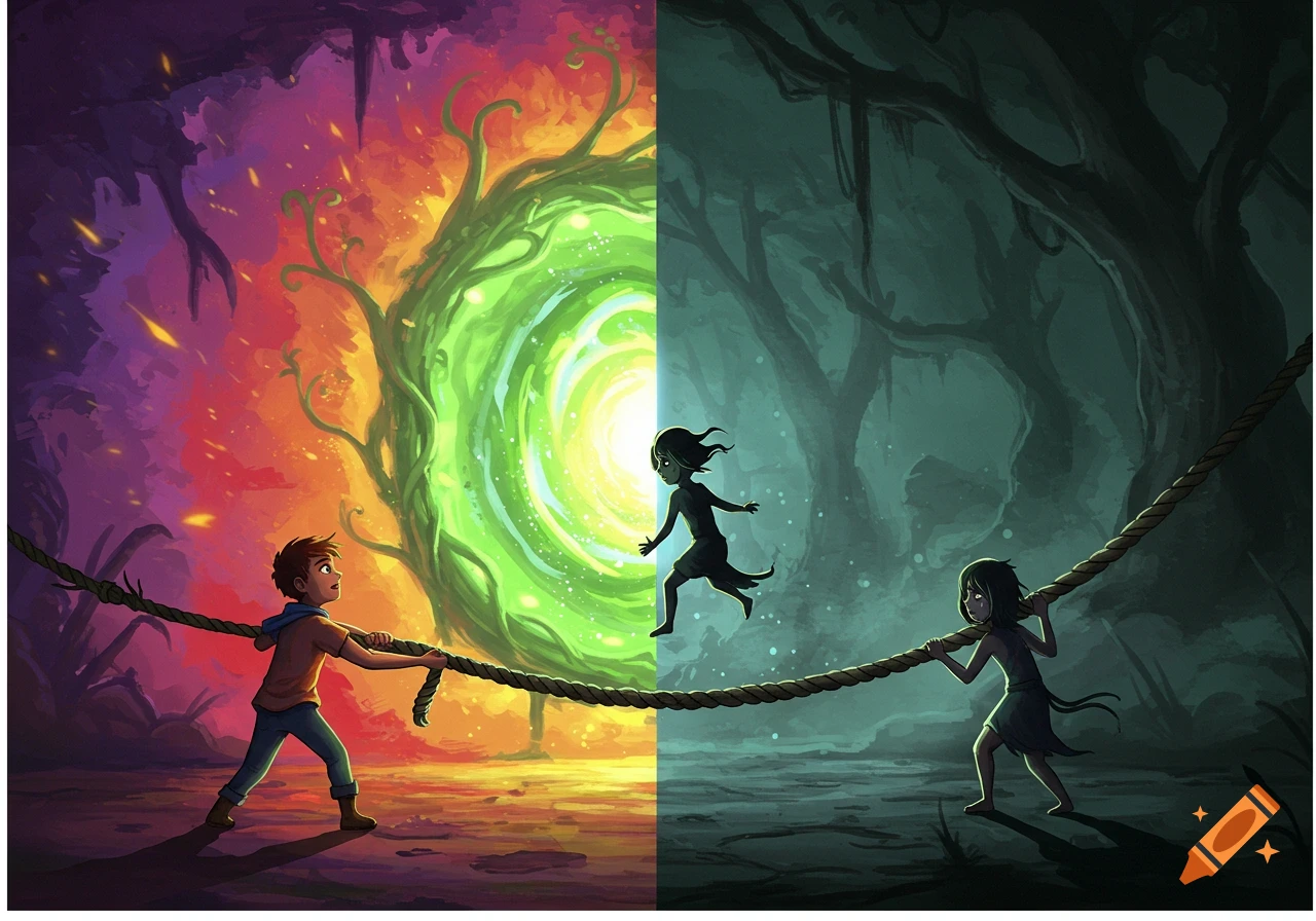 An illustration of a boy on a bright, colorful side pulling a rope through a glowing green portal, connecting to a girl on a dark, somber side.