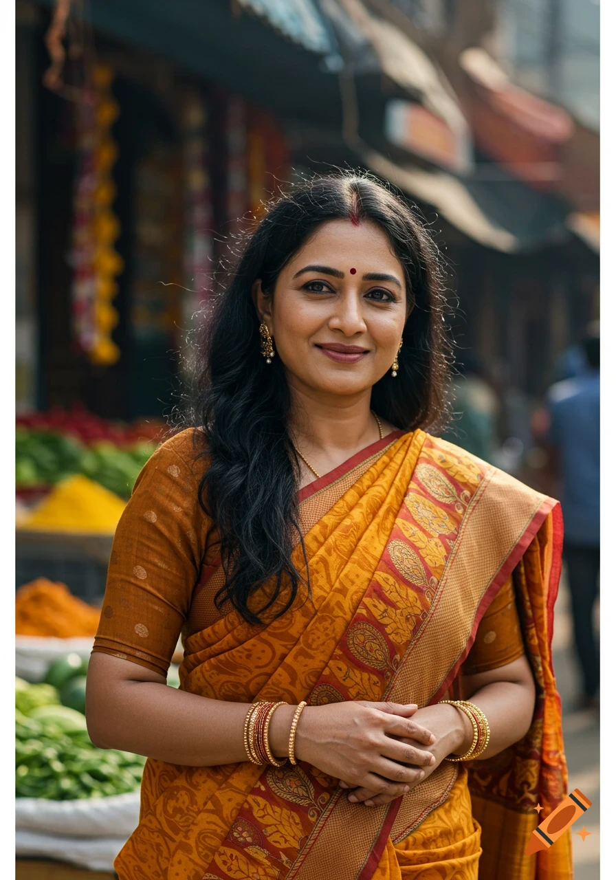 A smiling Indian woman with long dark hair, wearing a vibrant orange and red sari, stands in a bustling market.