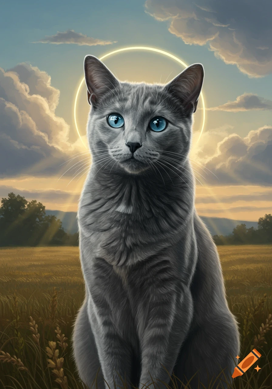 A majestic grey cat with bright blue eyes sits in a golden field under a cloudy sky with a glowing halo around its head.