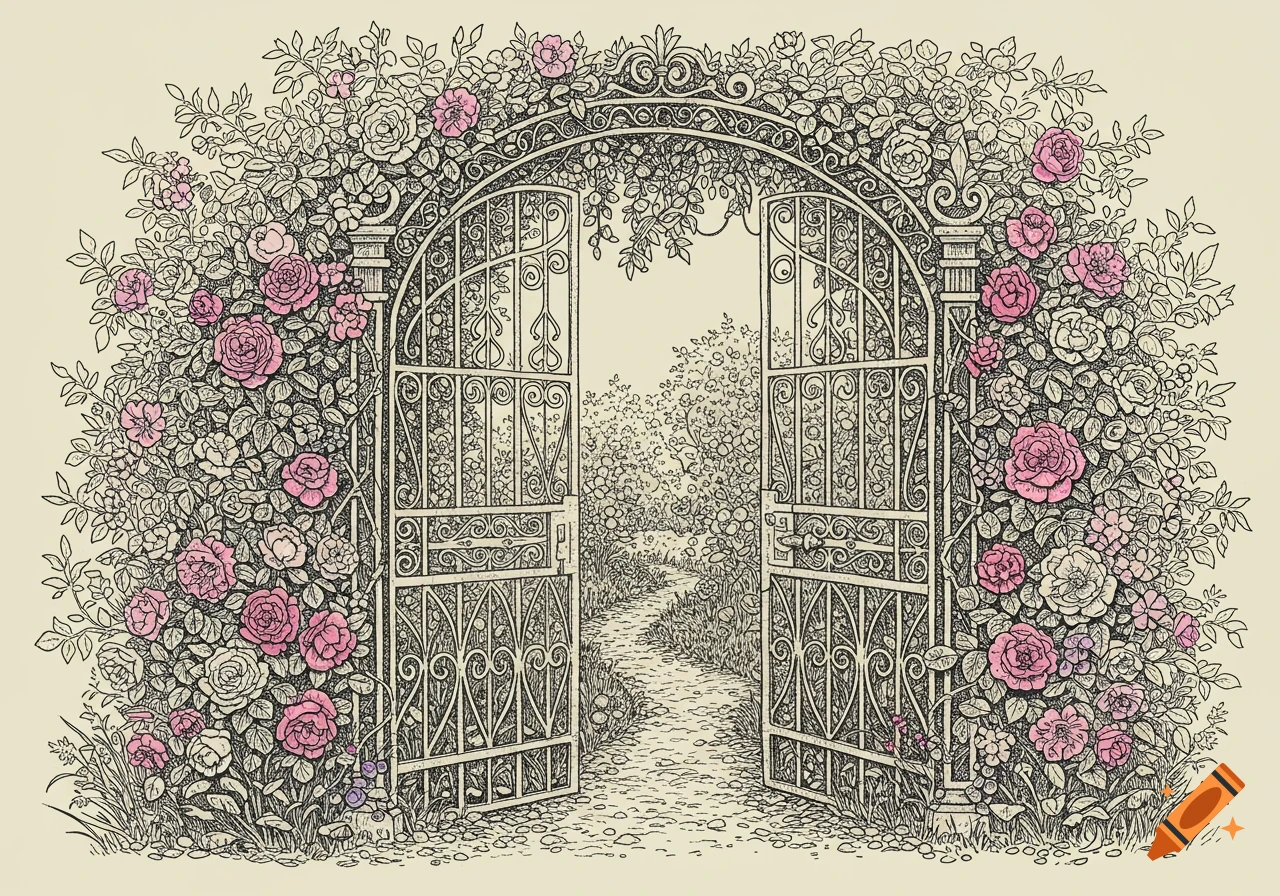 A black fine line drawing of a wild rose garden with a half-open wrought iron gate and a path leading into it.