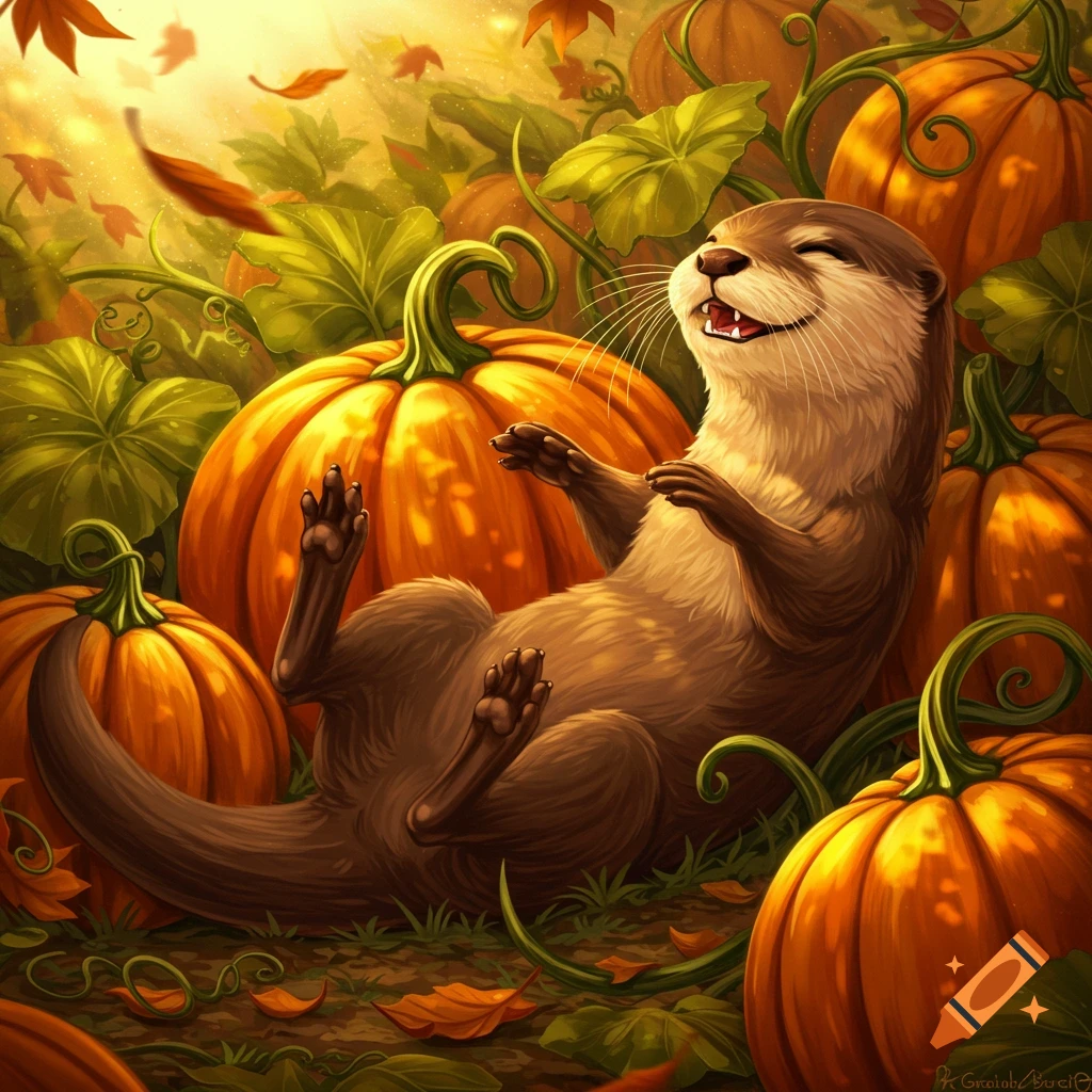 A happy otter lies on its back, laughing with its feet up, among pumpkins and autumn leaves in a vibrant illustration.