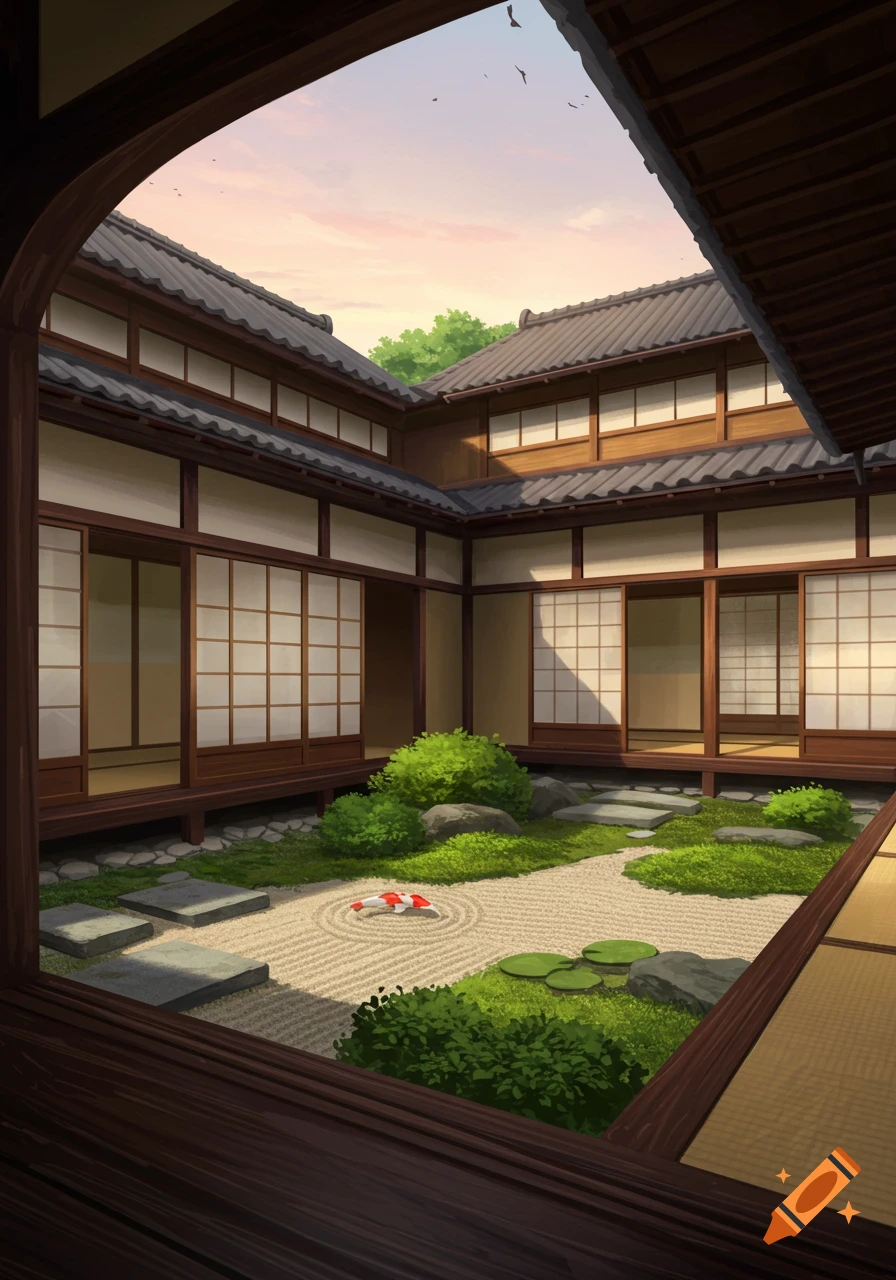 Traditional Japanese Home Courtyard created on Craiyon, image size:896x1280