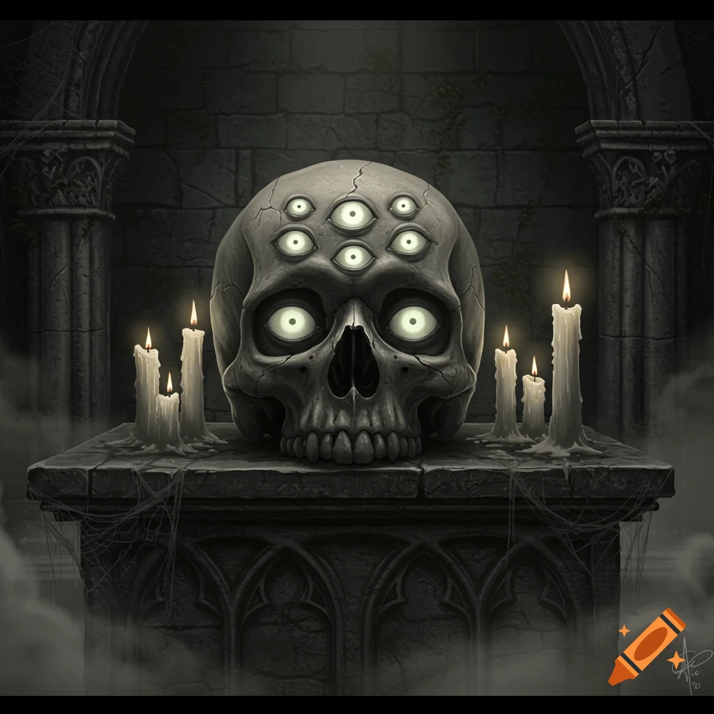 A dark, gothic illustration of a human skull with multiple glowing eyes on its forehead, set on a stone pedestal with lit candles in a ruined church.