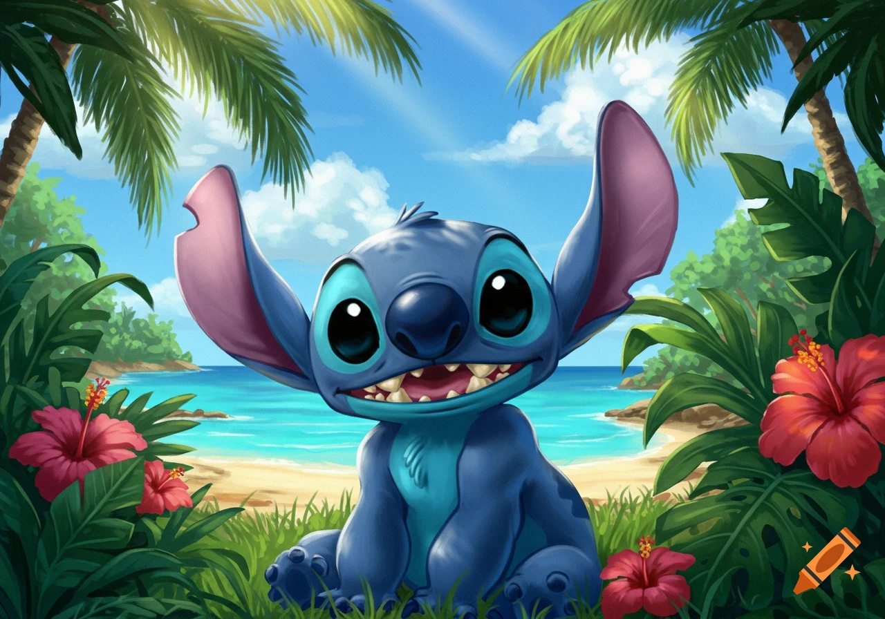 Stitch, the blue alien creature, smiling widely on a tropical beach with palm trees and hibiscus flowers.