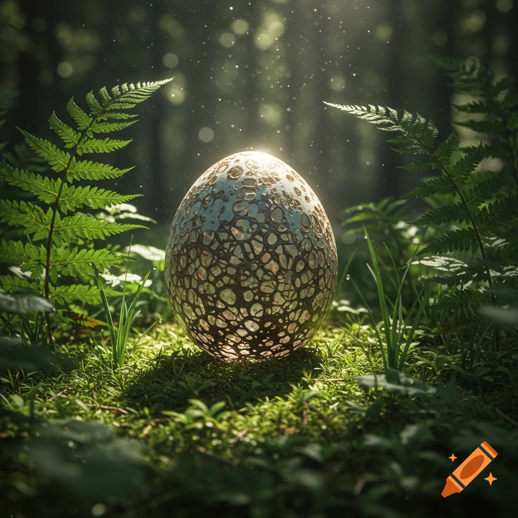 A glowing, textured metallic egg rests on a mossy forest floor, surrounded by ferns and dappled sunlight.