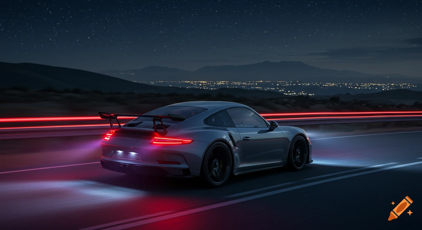 A grey Porsche GT3 RS sports car drives on a highway at night, with red light trails and distant city lights under a starry sky.