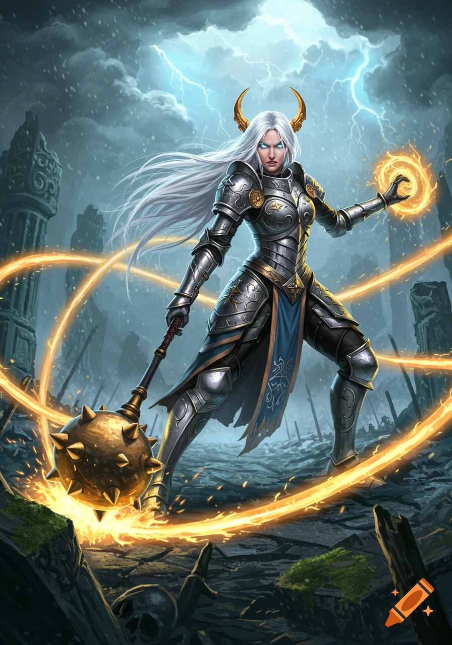 Female warrior in silver armor with white hair and golden horns wields a flail and glowing magic in a stormy, ruined land.