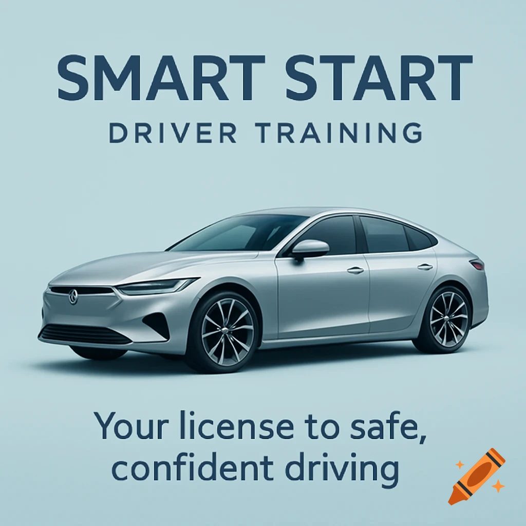 A modern silver car on a light blue background with 'Smart Start Driver Training' text and a slogan.