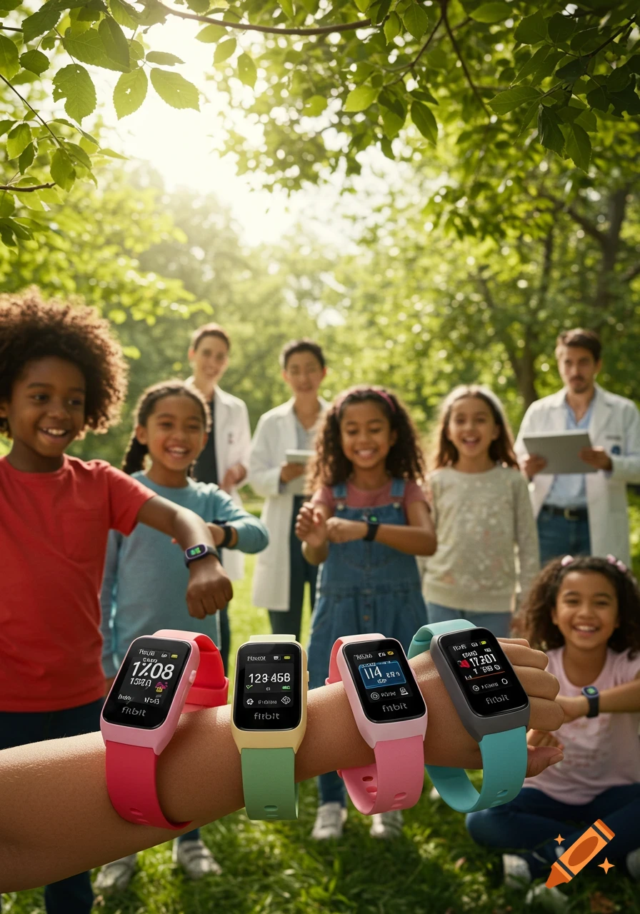 Photorealistic image of diverse children outdoors wearing colorful smartwatches, with adults in lab coats in the background.