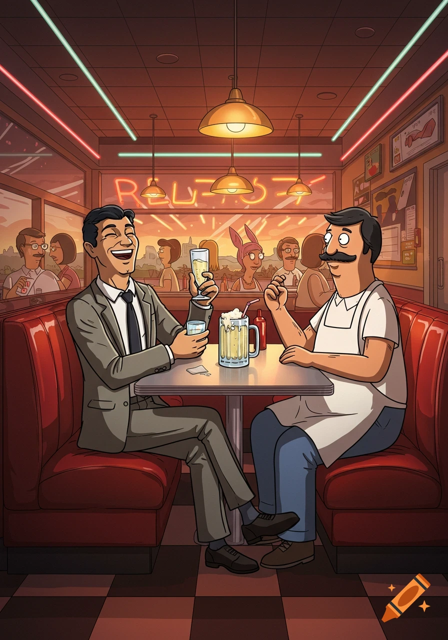 Cartoon crossover of Archer and Bob Belcher drinking together in a retro diner booth.