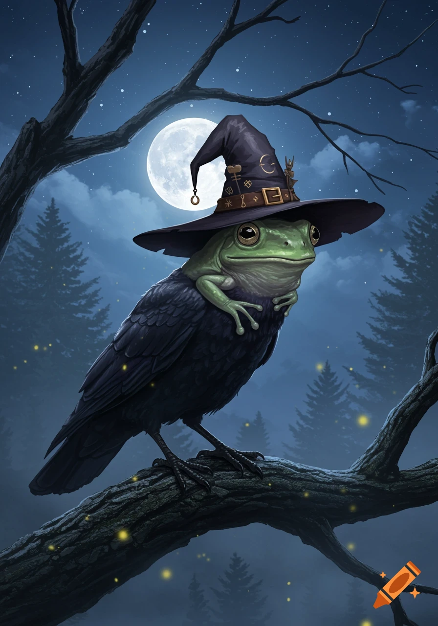 A frog's head wearing a witch's hat on a crow's body perched on a tree branch at night under a full moon, with fireflies.