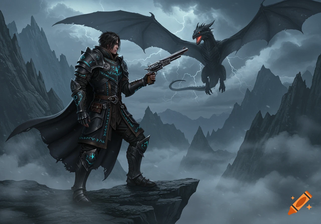 A heavily armored fantasy gunslinger with a revolver stands on a cliff, facing a black dragon with red eyes in a stormy, mountainous landscape.