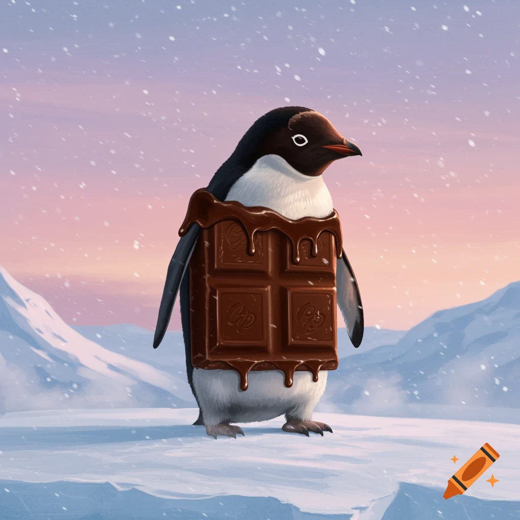 A cute penguin wearing a chocolate bar like a vest, with melted chocolate dripping, in a snowy Antarctic landscape at sunset.