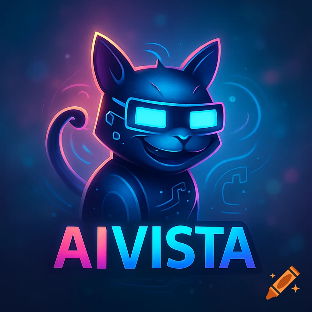 A neon, futuristic black cat character wearing glowing glasses with the text AIVISTA below it.