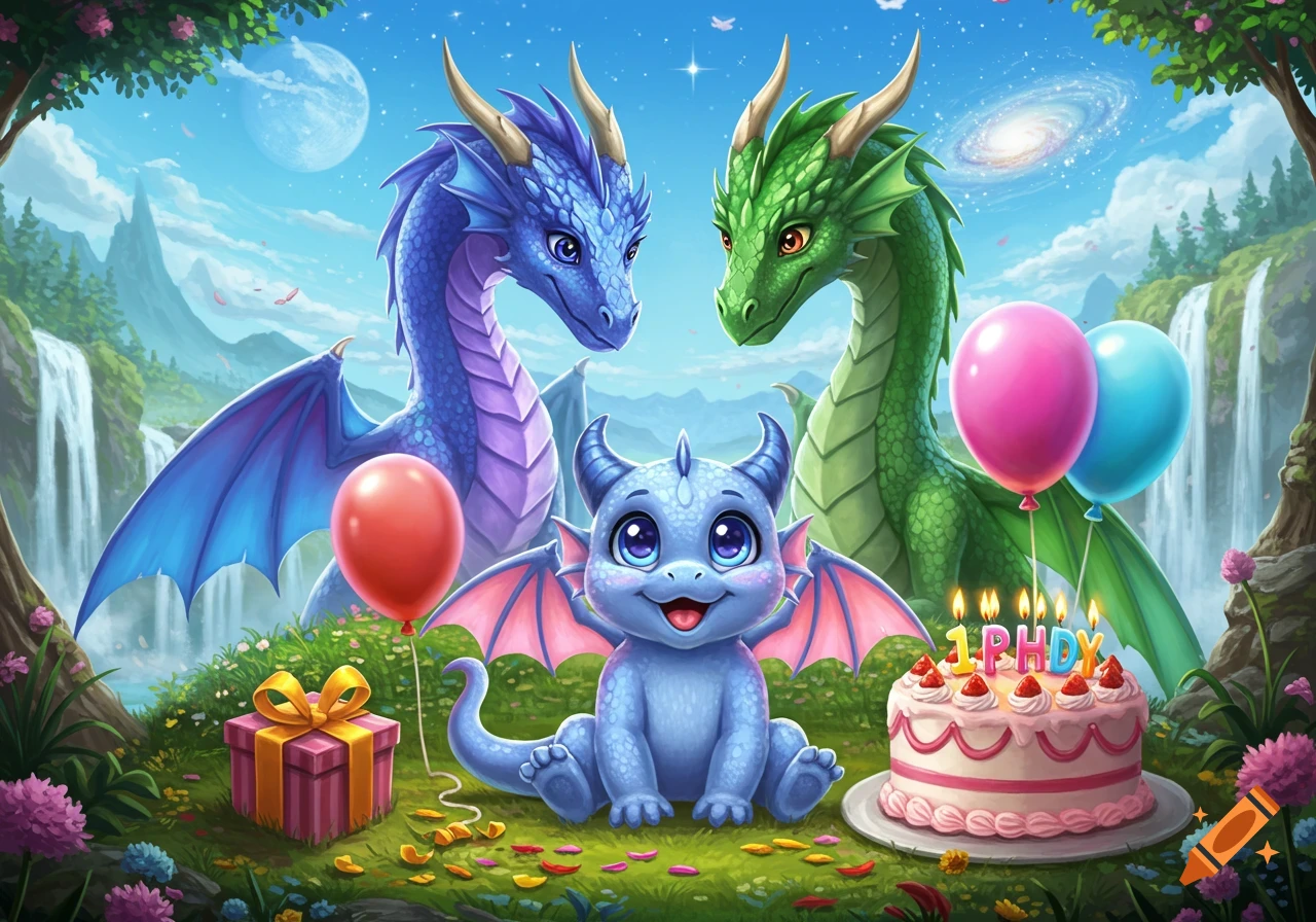 A cute baby blue dragon with two adult dragons celebrating a birthday with a cake, gift, and balloons in a magical landscape.