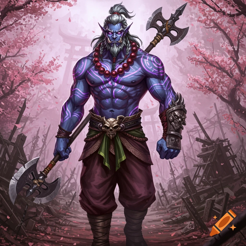 Muscular blue-skinned fantasy warrior with glowing purple tattoos holds an axe on a path with cherry blossoms and ruins, digital art.