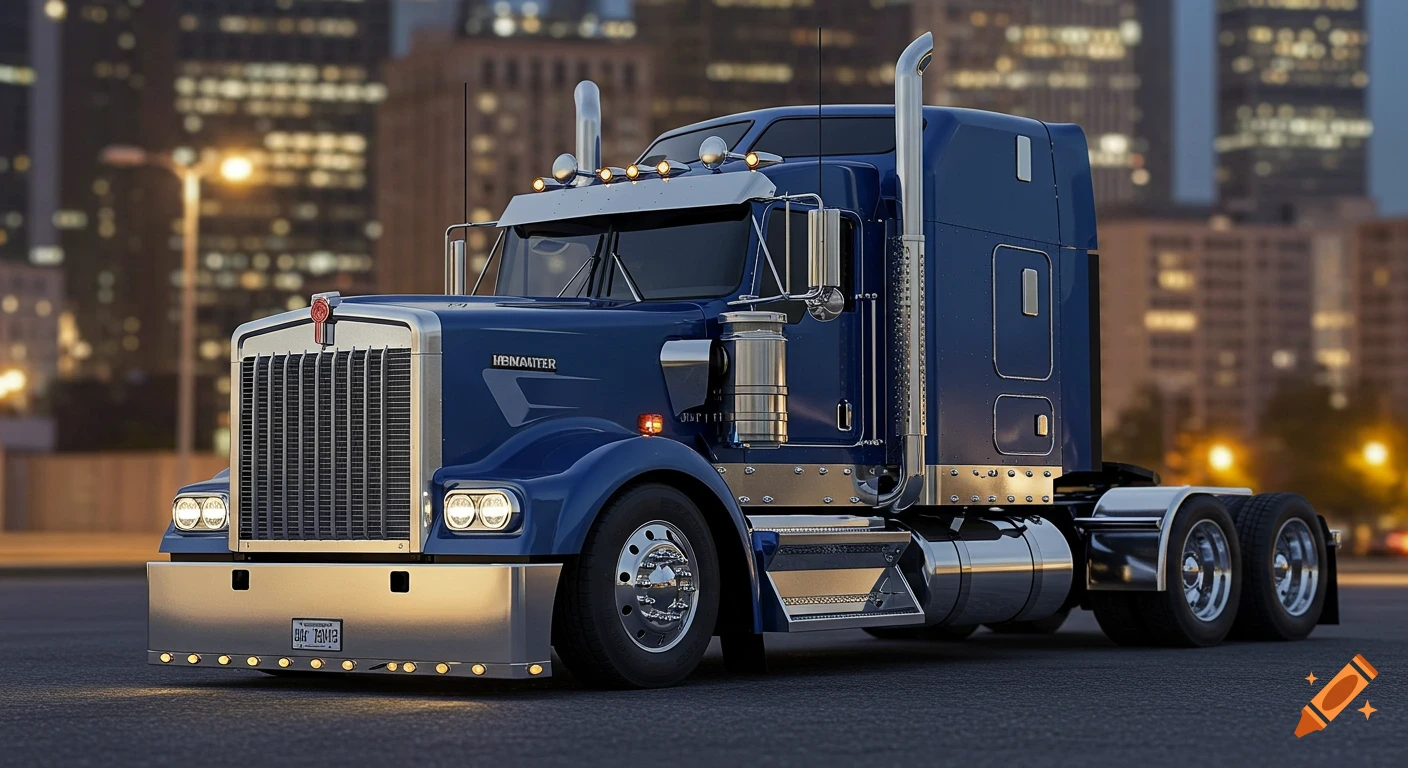 A photorealistic depiction of a blue semi-truck parked on an asphalt road with city buildings lit up in the background at dusk.